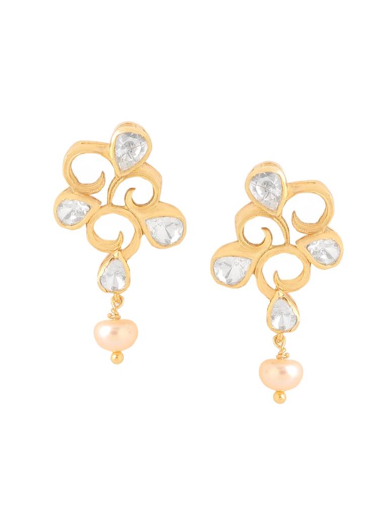 925 Sterling Silver Moissanite Gold-Plated Earring With Dangling Pearl : SILDWE016