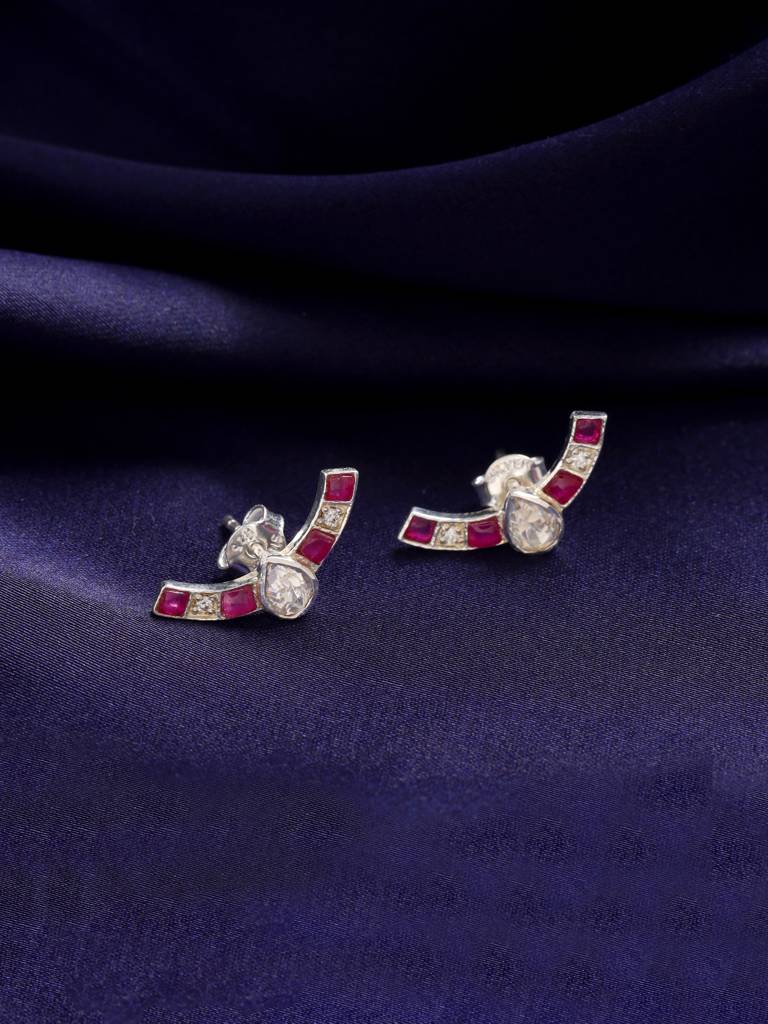 925 Sterling Silver Moissanite Studded Rhodium Plated Studs Earrings : SILDWE020