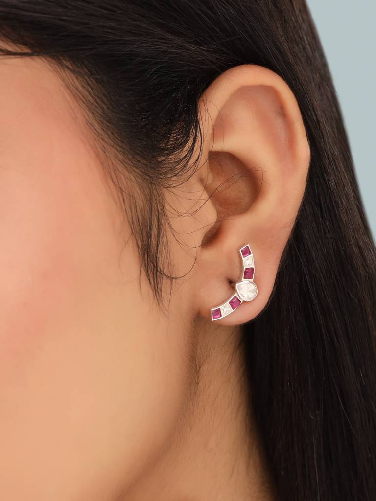 925 Sterling Silver Moissanite Studded Rhodium Plated Studs Earrings : SILDWE020