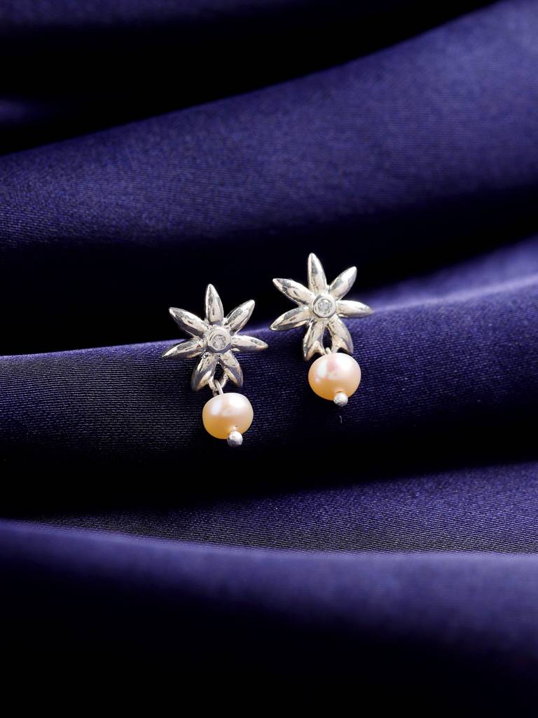 925 Sterling Silver Moissanite Studded Earring With Dangling Pearl : SILDWE022
