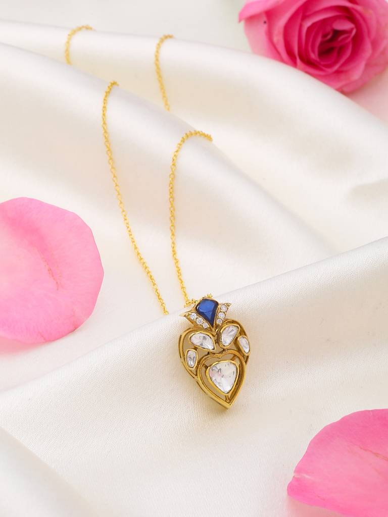 925 Sterling Silver Gold-Plated Stone-Studded Pendant With Chain : SILDWP003