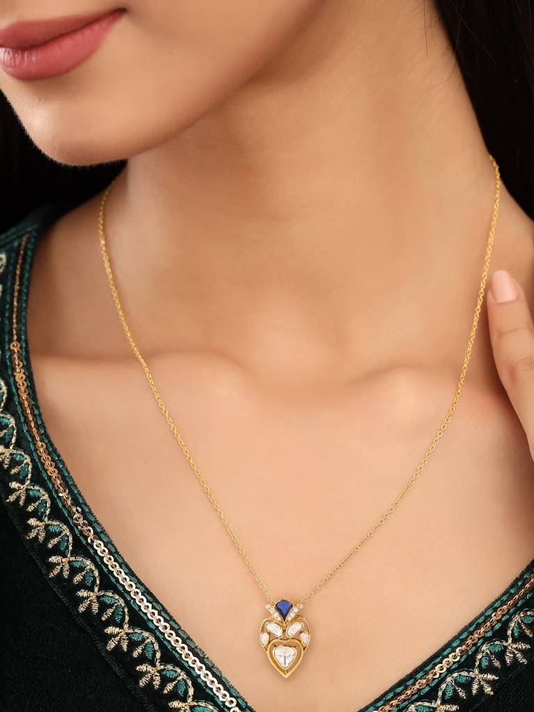 925 Sterling Silver Gold-Plated Stone-Studded Pendant With Chain : SILDWP003