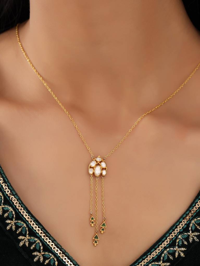 925 Sterling Silver Gold-Plated Stone-Studded Pendant With Chain : SILDWP007