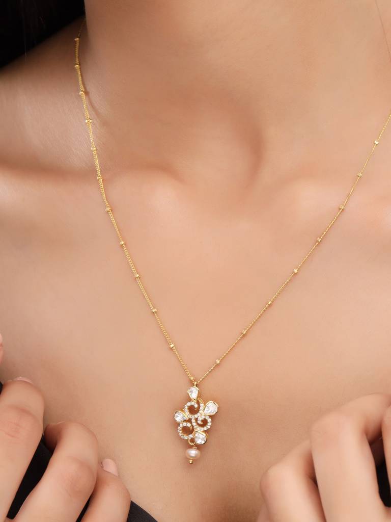 925 Sterling Silver Gold-Plated Stone-Studded Pendant With Chain : SILDWP011