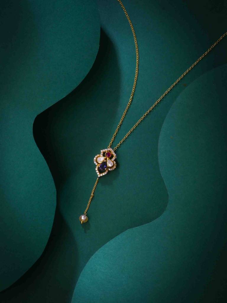 925 Sterling Silver Gold-Plated Stone-Studded Pendant With Chain : SILDWP013