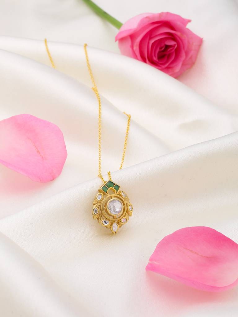 925 Sterling Silver Gold-Plated Stone-Studded Pendant With Chain : SILDWP017