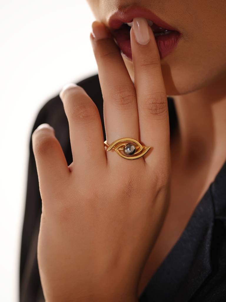 Kicky And Perky 925 Sterling Silver Dual Tone Evil Eye Adjustable Ring For Women : SILGENR009_G
