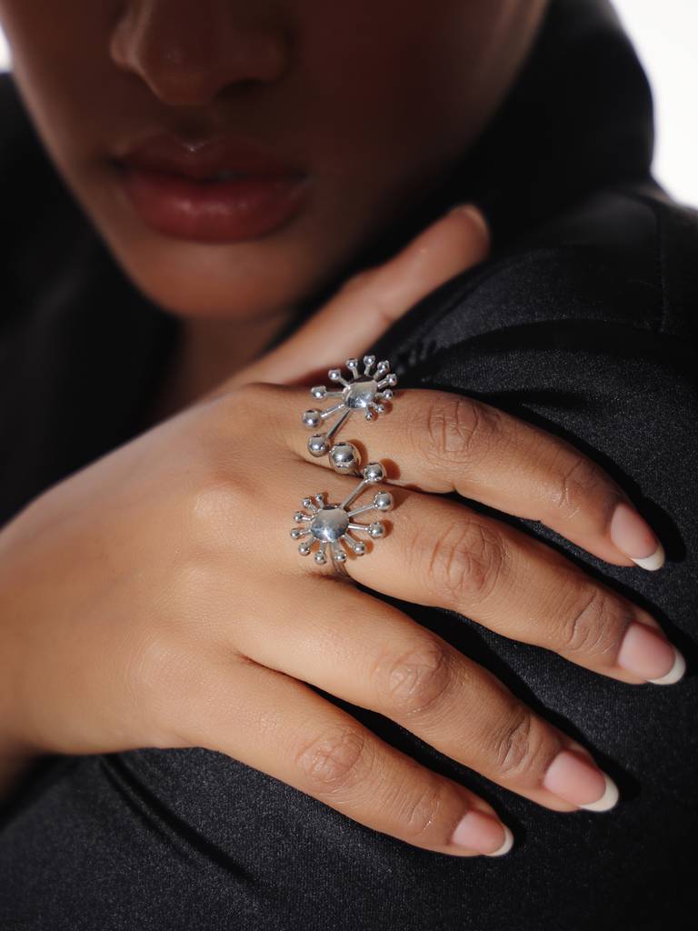 Kicky And Perky 925 Sterling Silver Dual Finger Abstract Adjustable Ring For Women : SILGENR012