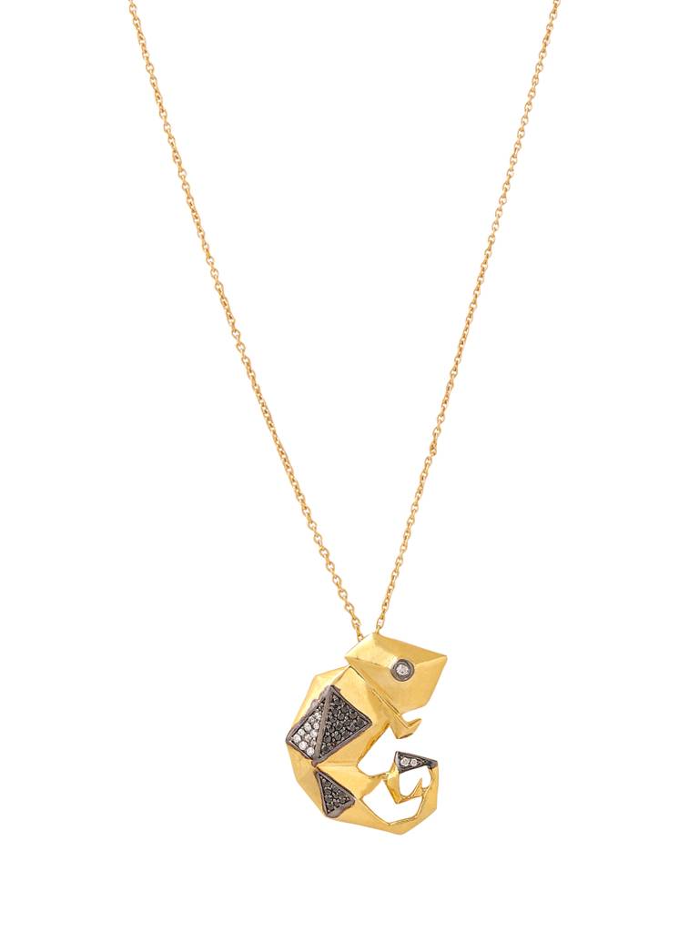 925 Sterling Silver Gold Plated Jungle Geometries Chameleon Pendant : SILJSP004