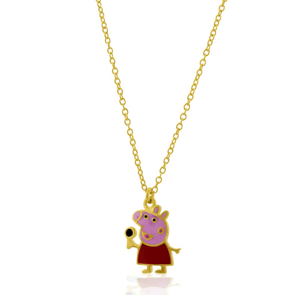 925 Sterling Silver Gold Plated Enamel Kids Peppa Pig Pendant With Chain : SILKIDSP013