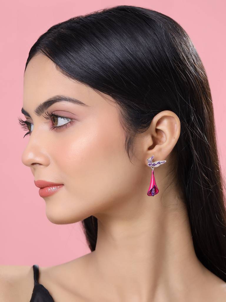 925 Sterling Silver Enamel Bird With Tulip Earring For Women : SILKNPE001