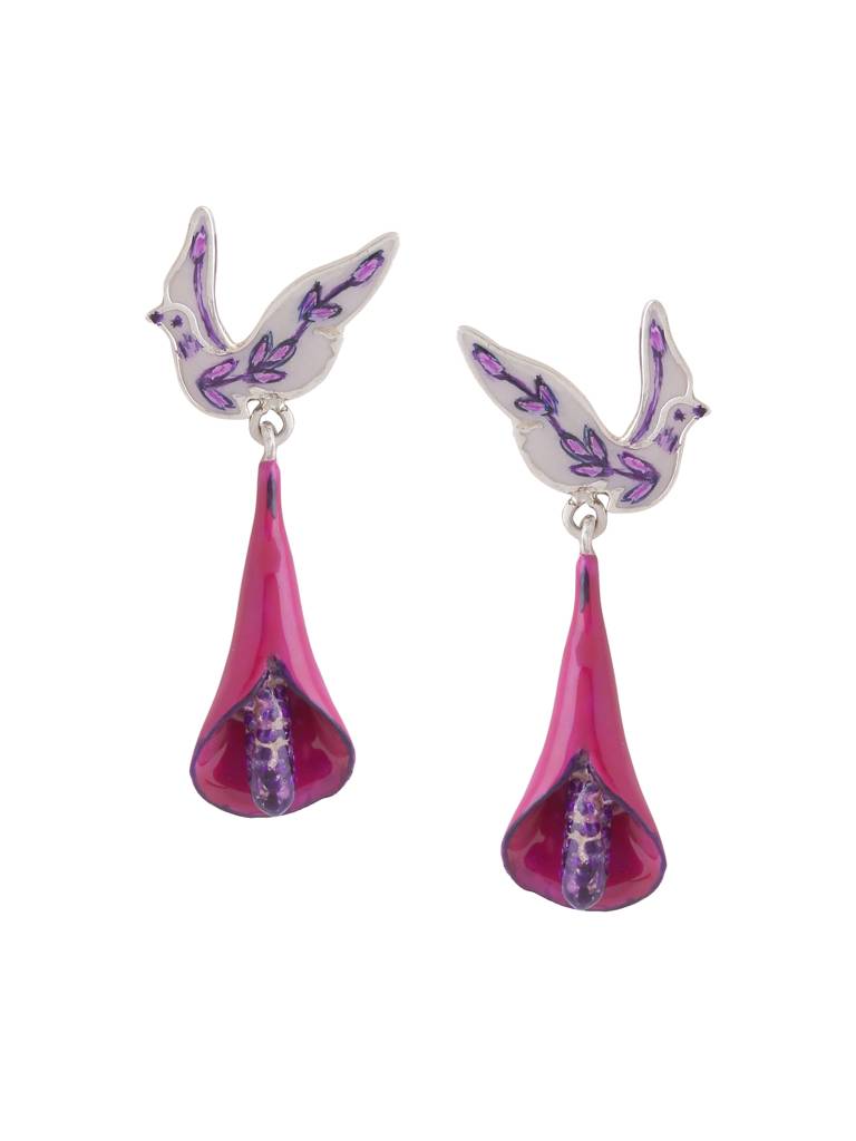 925 Sterling Silver Enamel Bird With Tulip Earring For Women : SILKNPE001