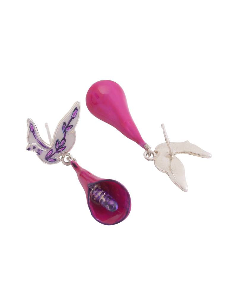 925 Sterling Silver Enamel Bird With Tulip Earring For Women : SILKNPE001