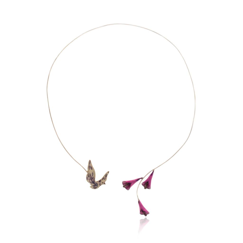 925 Sterling Silver Enamel Bird With Tulip Necklace For Women : SILKNPN001
