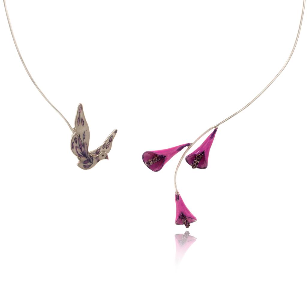 925 Sterling Silver Enamel Bird With Tulip Necklace For Women : SILKNPN001