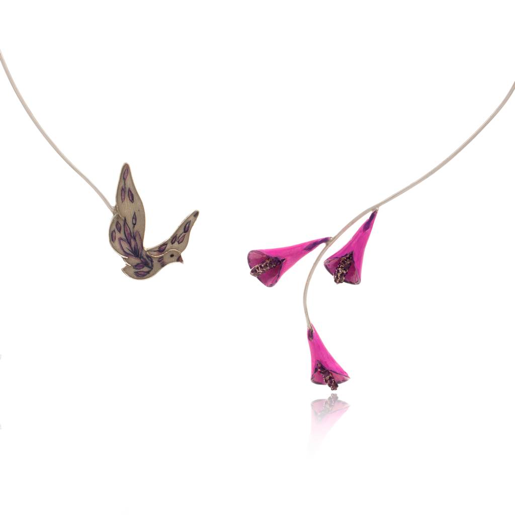 925 Sterling Silver Enamel Bird With Tulip Necklace For Women : SILKNPN001