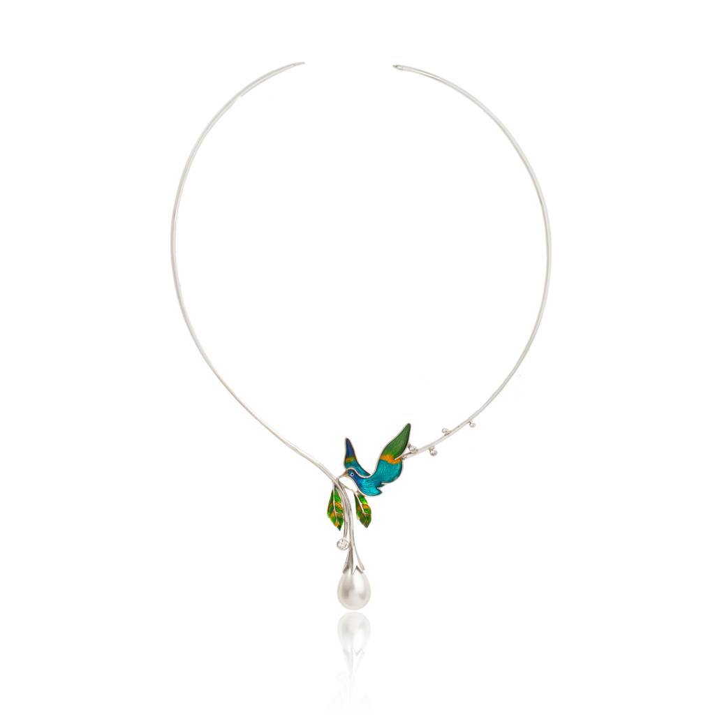 925 Sterling Silver Enamel And Mossanite Drop Sea Pearl Nature Necklace For Women : SILKNPN002
