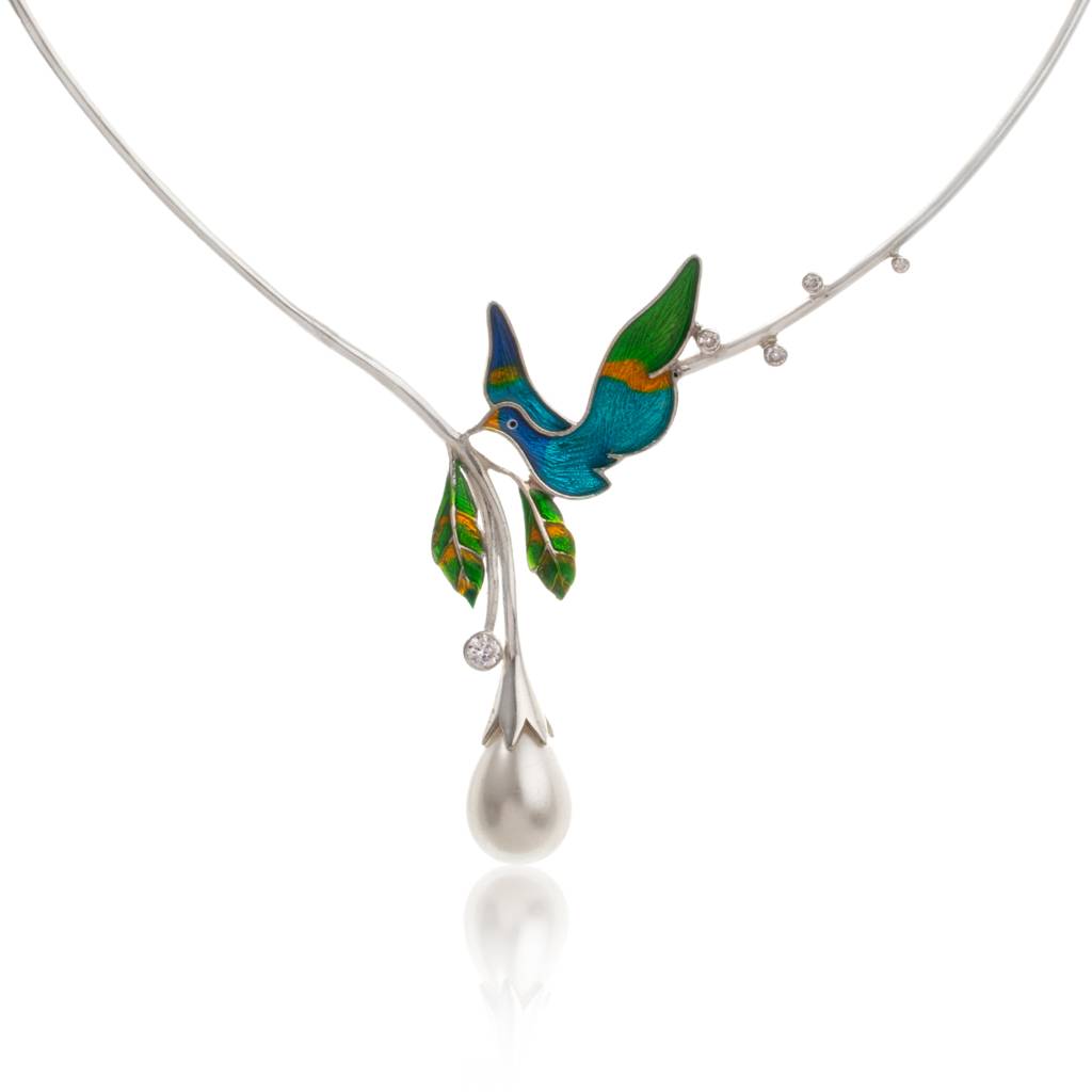 925 Sterling Silver Enamel And Mossanite Drop Sea Pearl Nature Necklace For Women : SILKNPN002