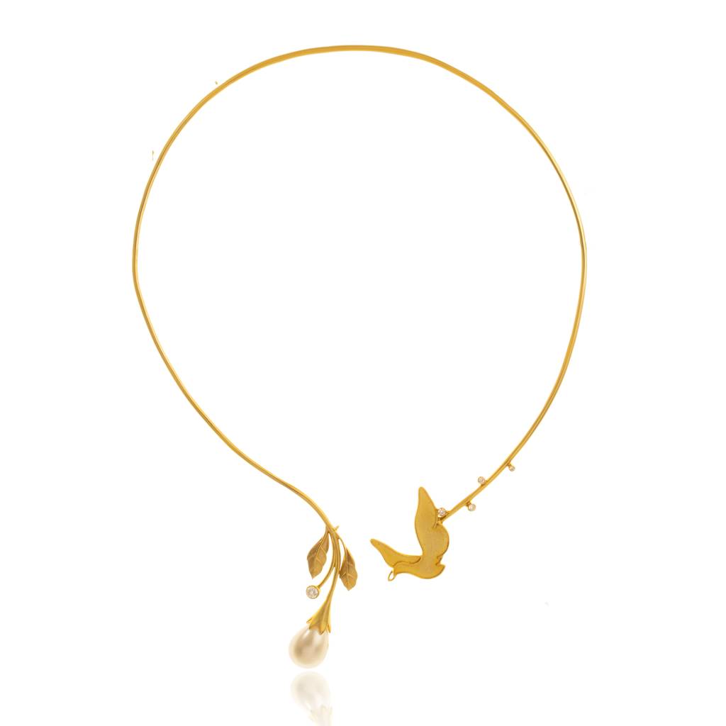 925 Sterling Silver Gold Plated Mossanite Drop Sea Pearl Nature Necklace For Women : SILKNPN003