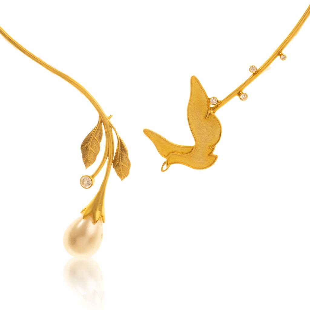 925 Sterling Silver Gold Plated Mossanite Drop Sea Pearl Nature Necklace For Women : SILKNPN003