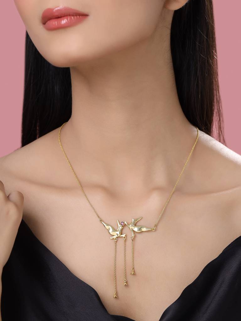 925 Sterling Silver Gold Plated Garnet Gemstone Bird Necklace For Women : SILKNPN006