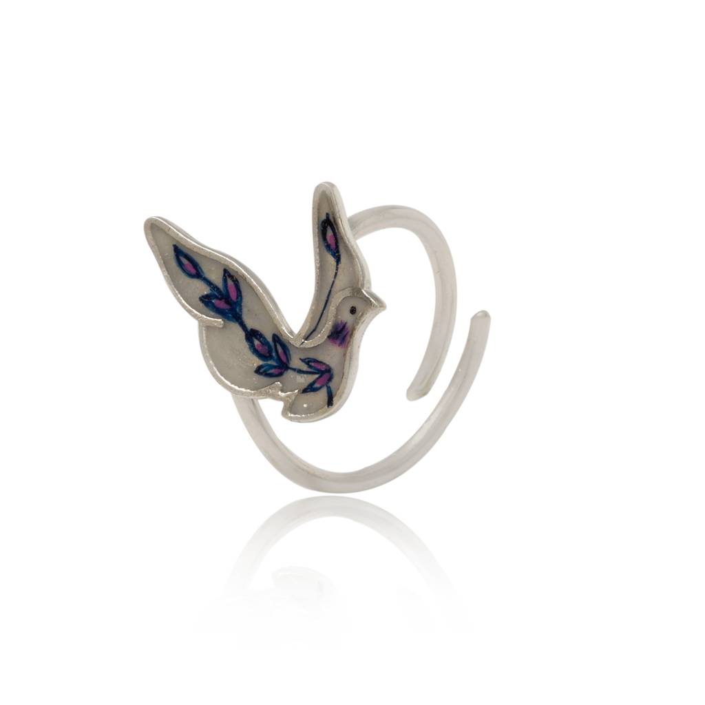 925 Sterling Silver Gold Plated Enamel Bird Adjustable Ring For Women : SILKNPR001