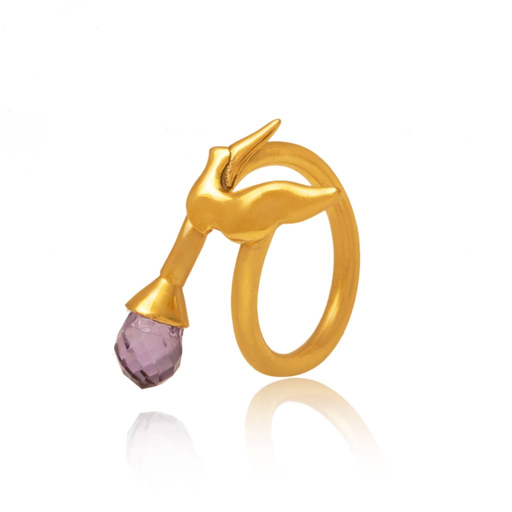 925 Sterling Silver Gold Plated Drop Gemstone Bird Wing Adjustable Ring For Women : SILKNPR002