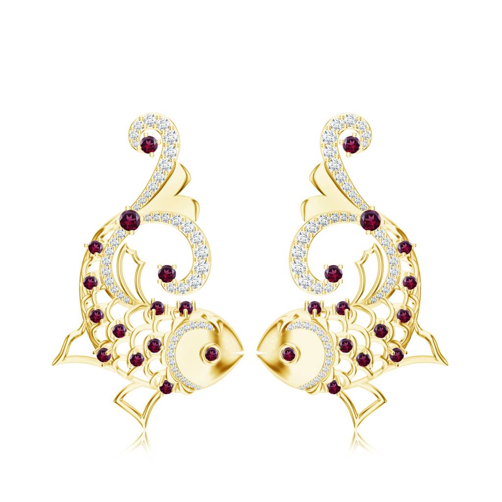925 Sterling Silver Micron Plated Fish Artisan Designed Dangle Earring With Rhodolite & Moissanite Studded : SILMBE003