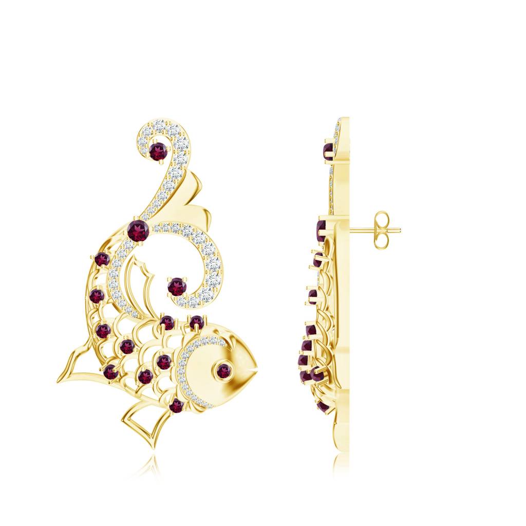925 Sterling Silver Micron Plated Fish Artisan Designed Dangle Earring With Rhodolite & Moissanite Studded : SILMBE003