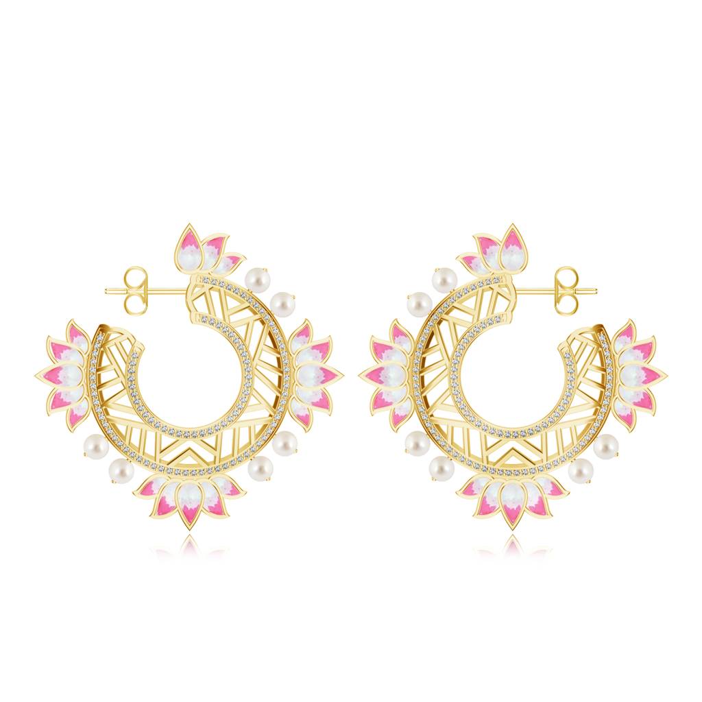 925 Sterling Silver Micron Plated Pearl & Moissanite Studded Lotus Flower Designed Hoop Earrings : SILMBE004