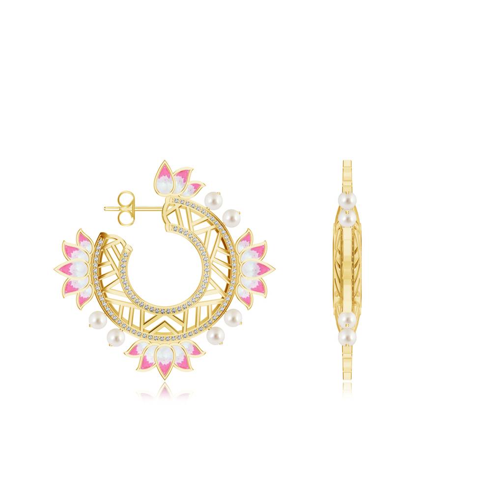 925 Sterling Silver Micron Plated Pearl & Moissanite Studded Lotus Flower Designed Hoop Earrings : SILMBE004