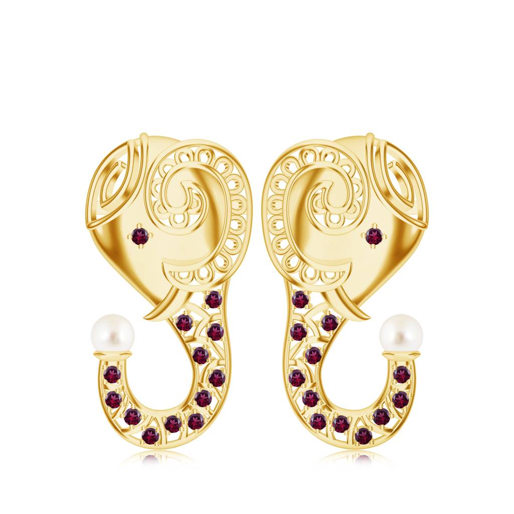 925 Sterling Silver Micron Plated Rhodolite Garnet & Pearl Elephant Face Designed Earring For Women : SILMBE010