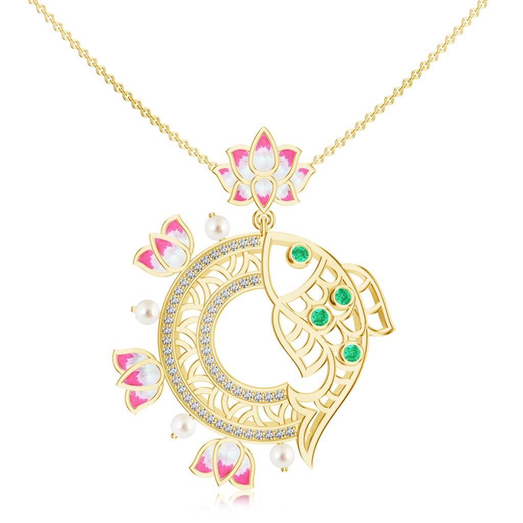 925 Sterling Silver Micron Plated Plated Pearl And Moissanite Lotus Flower And Fish Designed Pendant Jewelry F : SILMBP004_G