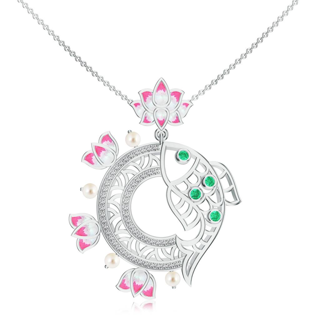 925 Sterling Silver Pearl And Moissanite Lotus Flower And Fish Designed Pendant Jewelry For Women : SILMBP004_S