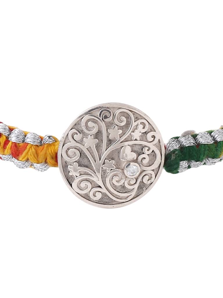 Kicky And Perky 925 Sterling Silver Mossanite Round Motif Filigree Embossed Rakhi For Brother : SILRAK005