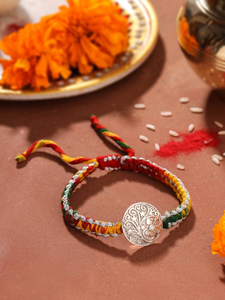 Kicky And Perky 925 Sterling Silver Mossanite Round Motif Filigree Embossed Rakhi For Brother : SILRAK005