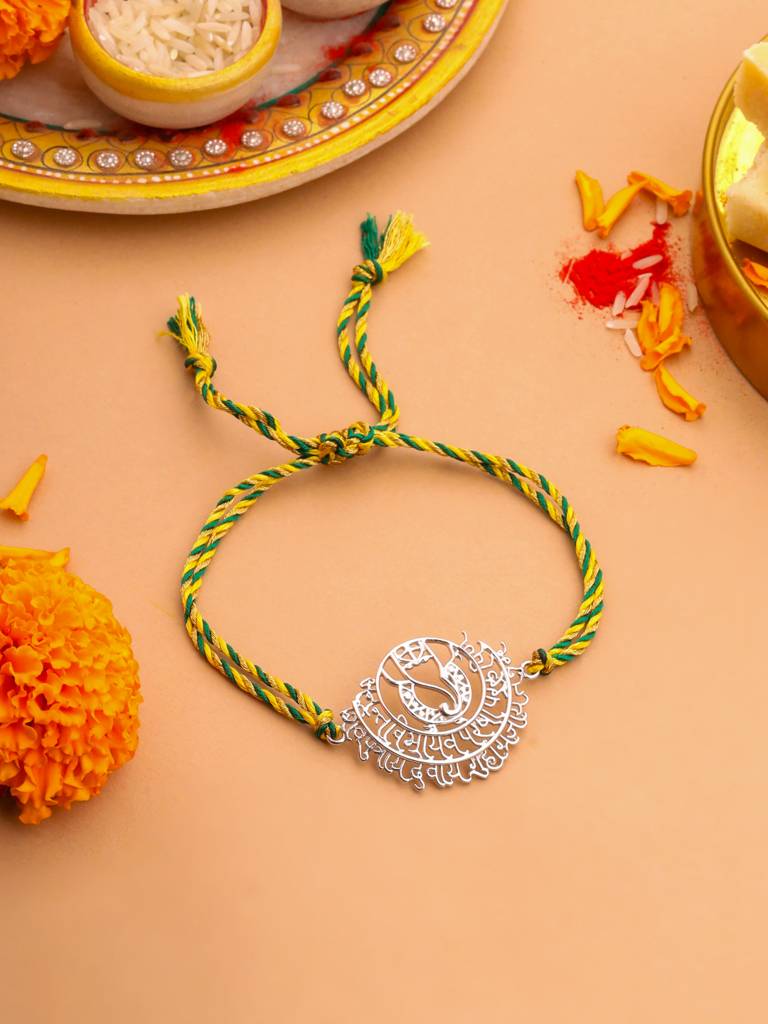 Eternz Certified Jewellery - Kicky And Perky 925 Sterling Silver Mantra With Gansha Rakhi For Brother (Free Size)