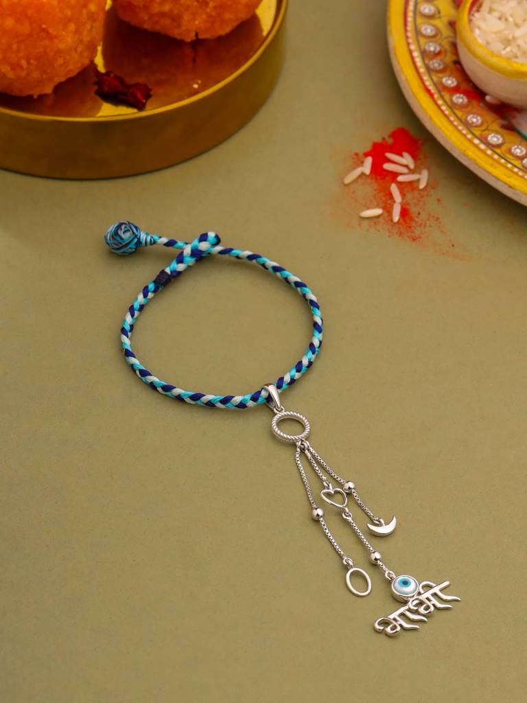 nd Perky 925 Sterling Silver "Bhabi" With Evil Eye Stone Dangling Lumba Rakhi For Bhabhi : SILRAK036