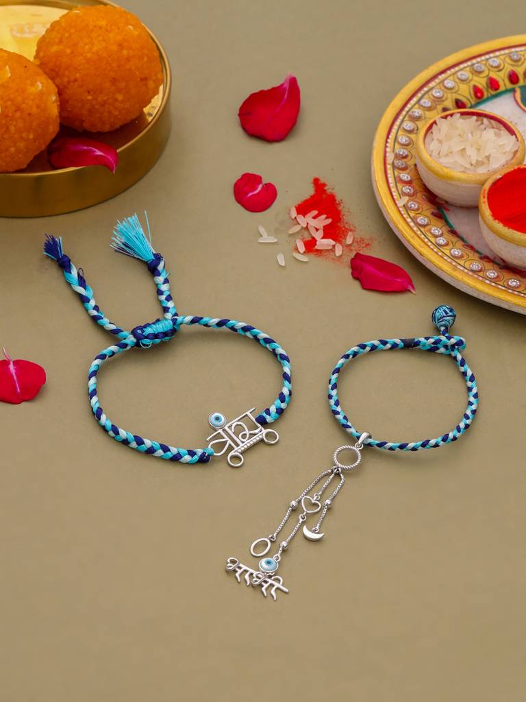 ng Silver Combo "Veera" And Bhabi Dangling With Evil Eye Stone Rakhi For Men And Women : SILRAKCO049