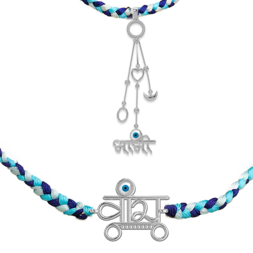 ng Silver Combo "Veera" And Bhabi Dangling With Evil Eye Stone Rakhi For Men And Women : SILRAKCO049