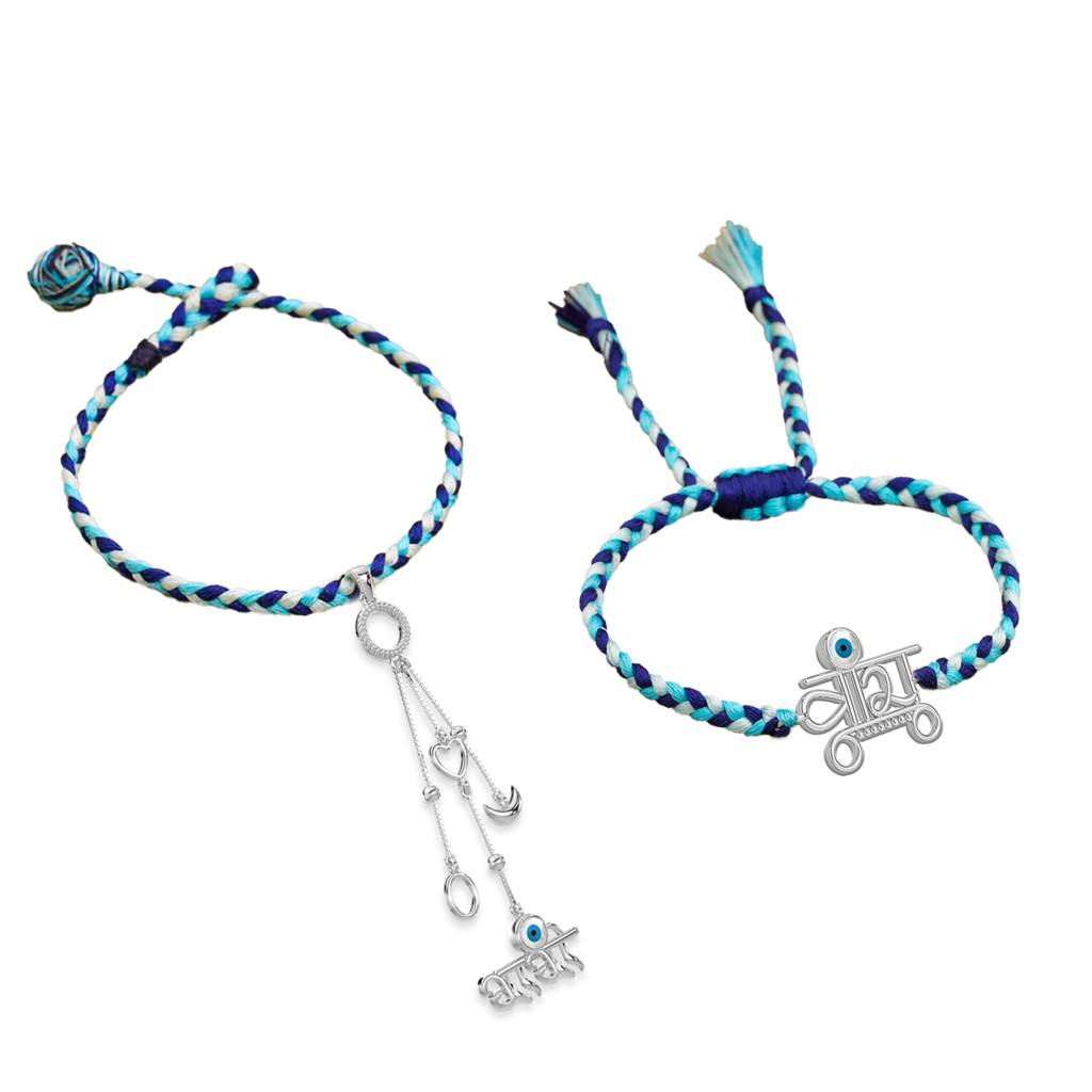 ng Silver Combo "Veera" And Bhabi Dangling With Evil Eye Stone Rakhi For Men And Women : SILRAKCO049