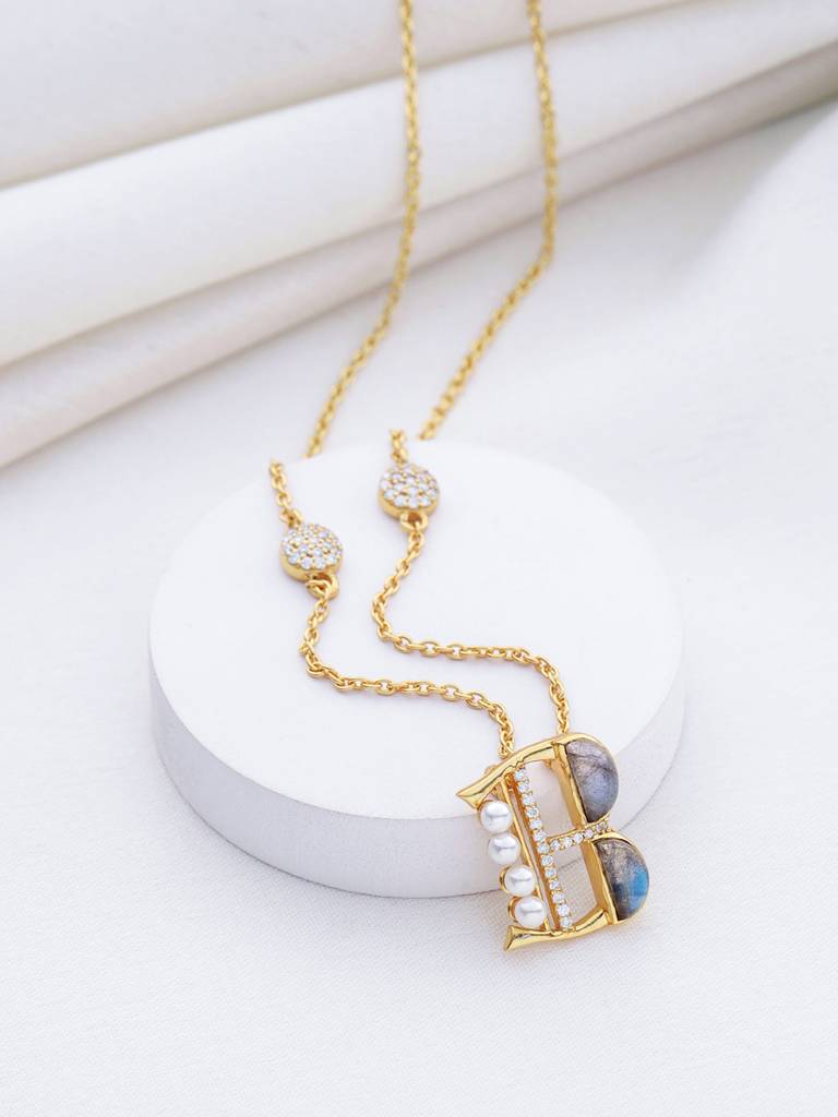 925 Sterling Silver Moissanite & Labradorite Studded 'B' Alphabet Pendant With Chain : SILSNP002
