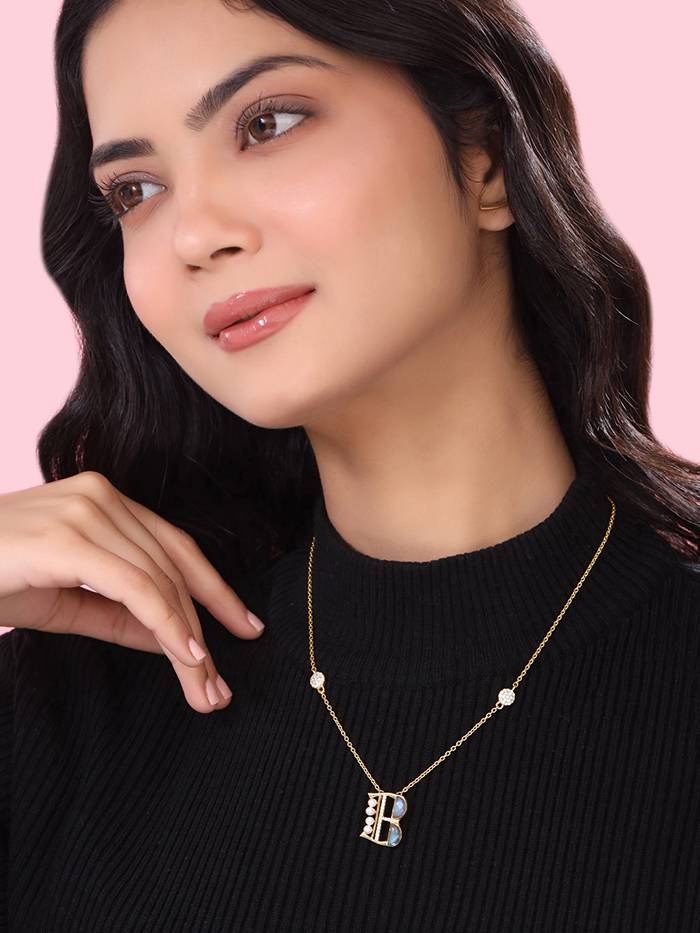 925 Sterling Silver Moissanite & Labradorite Studded 'B' Alphabet Pendant With Chain : SILSNP002