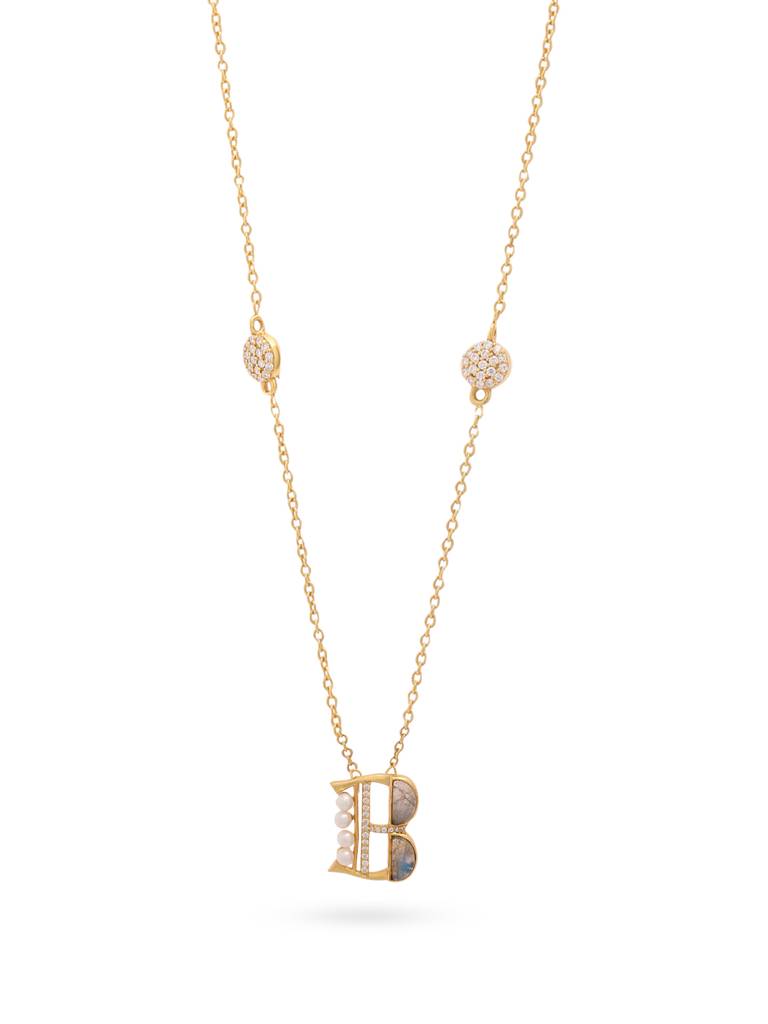 925 Sterling Silver Moissanite & Labradorite Studded 'B' Alphabet Pendant With Chain : SILSNP002