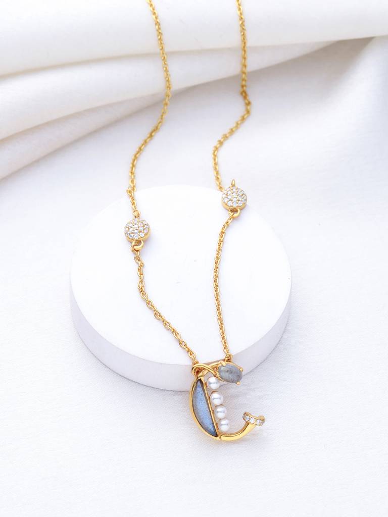 925 Sterling Silver Moissanite & Labradorite Studded 'C' Alphabet Pendant With Chain : SILSNP003
