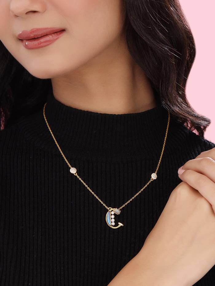 925 Sterling Silver Moissanite & Labradorite Studded 'C' Alphabet Pendant With Chain : SILSNP003