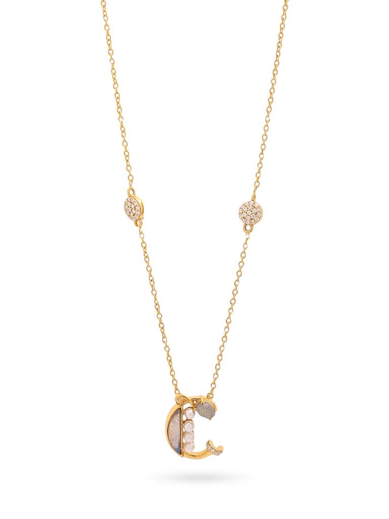 925 Sterling Silver Moissanite & Labradorite Studded 'C' Alphabet Pendant With Chain : SILSNP003