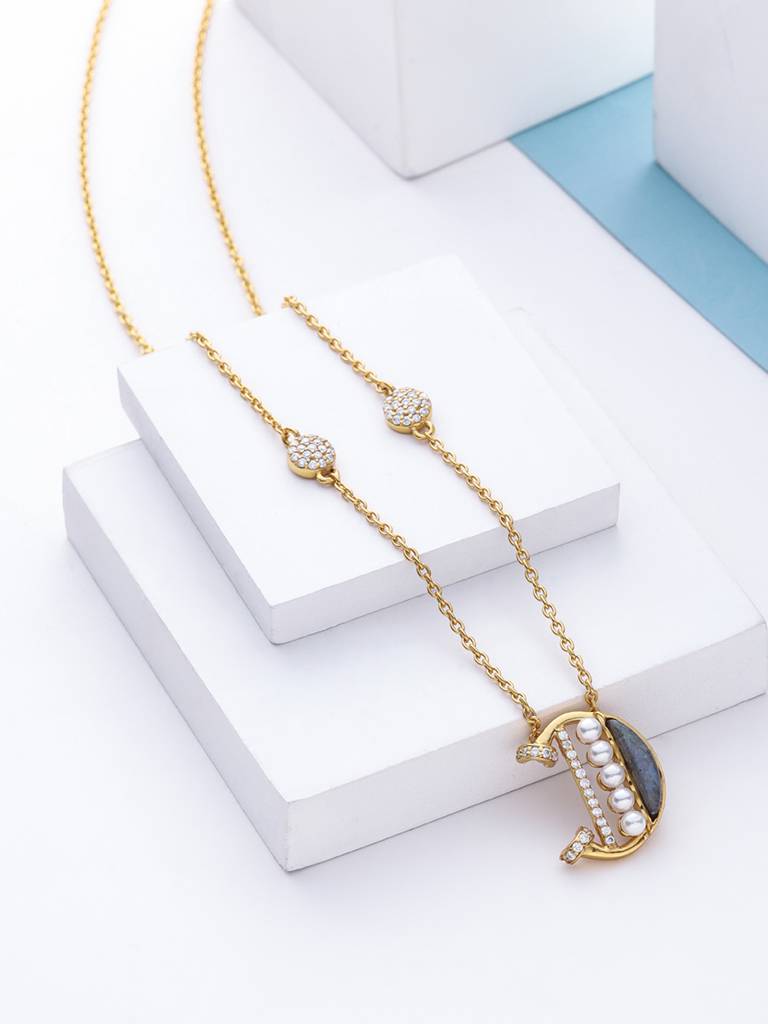 925 Sterling Silver Moissanite & Labradorite Studded 'D' Alphabet Pendant With Chain : SILSNP004