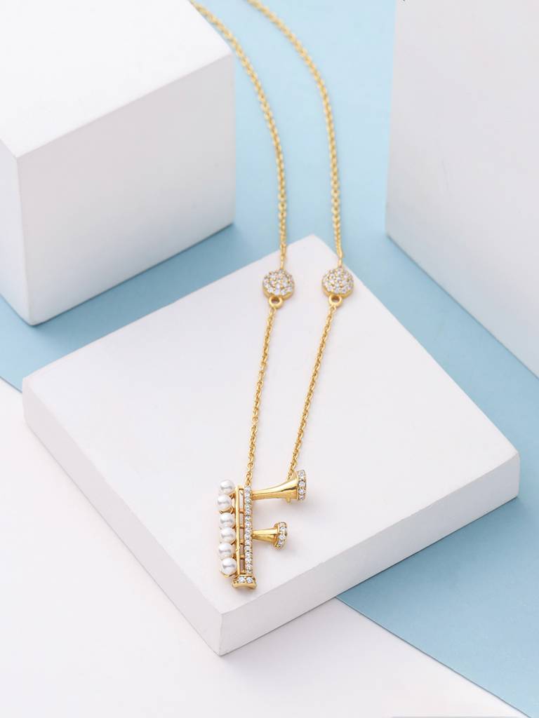 925 Sterling Silver Moissanite & Labradorite Studded 'F' Alphabet Pendant With Chain : SILSNP006