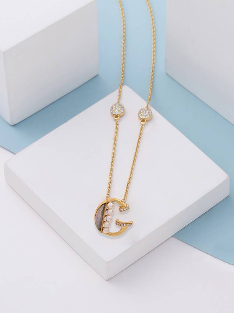 925 Sterling Silver Moissanite & Labradorite Studded 'G' Alphabet Pendant With Chain : SILSNP007